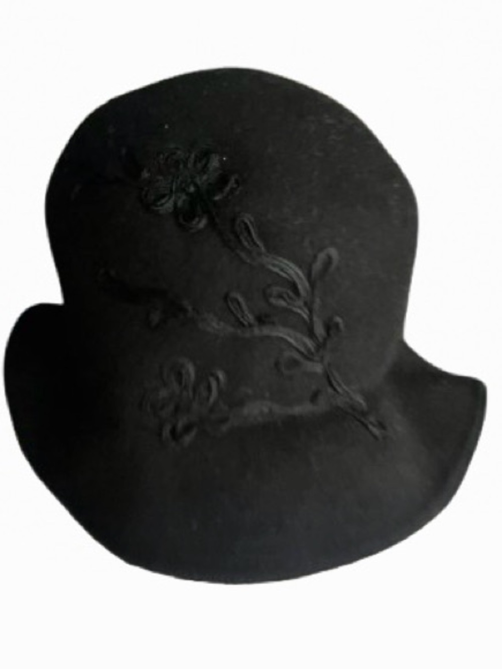 Vintage 100% Wool Cloche Hat Black Embroidered Flowers Floral Boho 60s 70s Cap